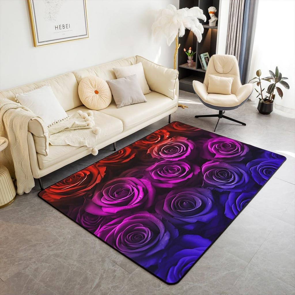 Blue Rose Flower on Black Background Non Slip Mat Area Rugs Floor Carpet for Kitchen Bedroom Living Room Decoration for Kids