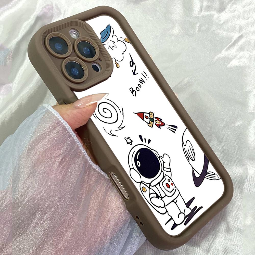 JT125 Charming Astronaut Doodle Riding Rocket for iPhone 17 16 15 Pro Max Samsung S26 S25 Ultra A17 A16 A07 A56 Xiaomi 15T Redmi 15c 14c Soft TPU Case