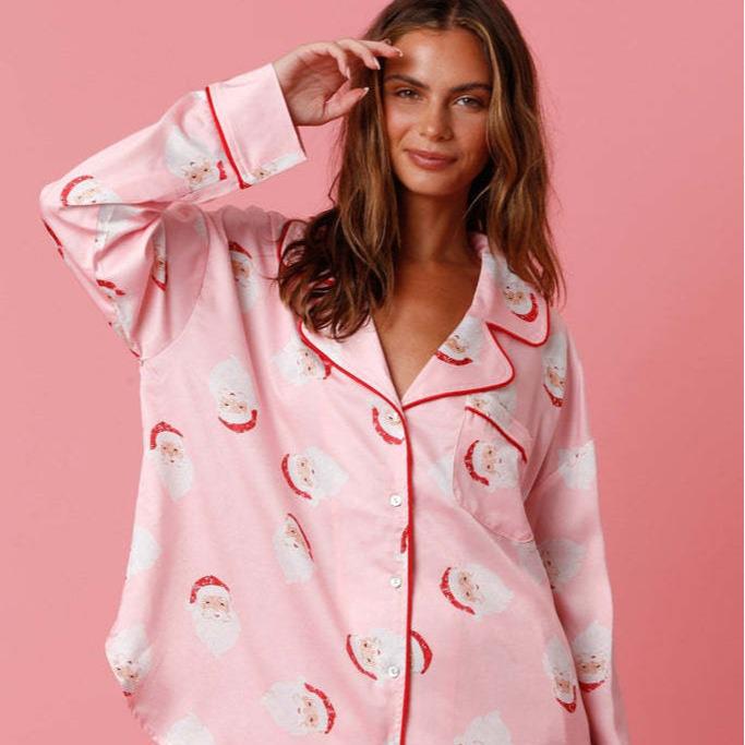 2023 Santa Claus Satin Print Two-Piece Homewear Pajama Set