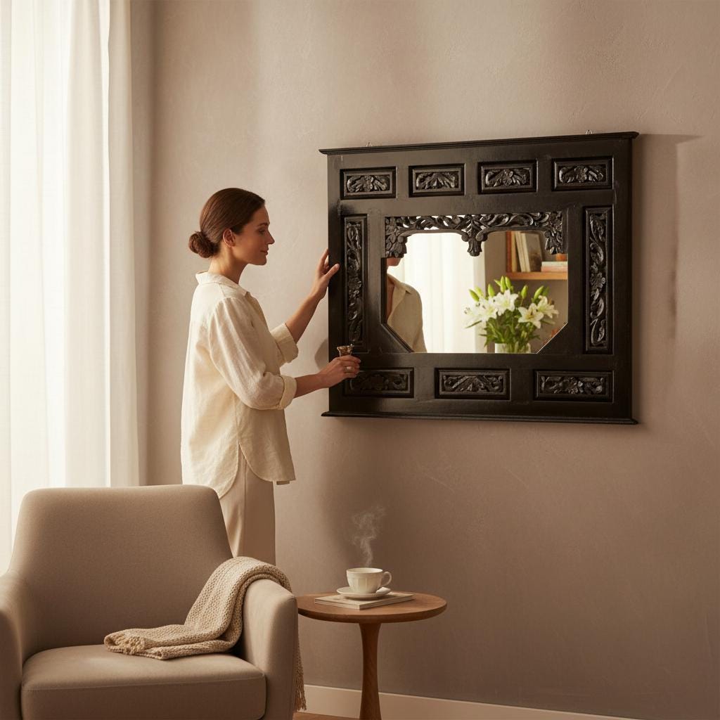 Hand-Carved Solid Wood Wall Mirror with Floral Motifs Black Finish Carved Style Decorative Frame With Glass Mirror110x5x90 cm | Mirror