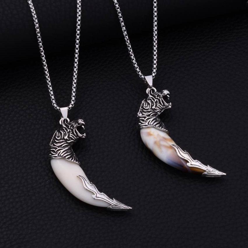 Dragon Head Wolf Tooth Pendant: Punk Retro Ethnic Style Stainless Steel Necklace for Men