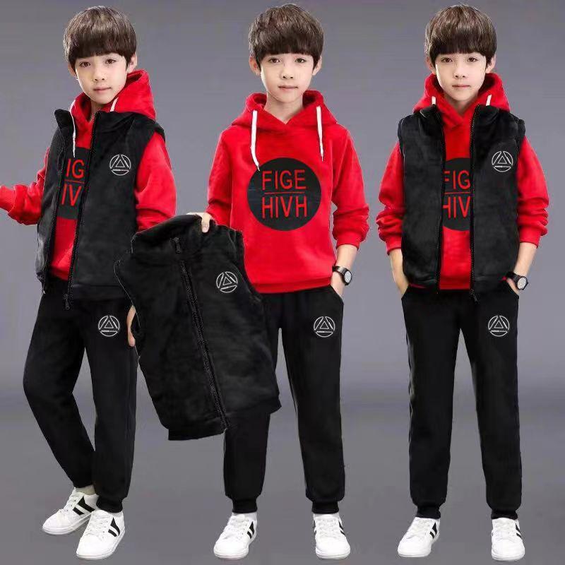 Ensemble de Sport Hivernal pour Garçons 3 Pièces/Ensemble Costume d'Enfant Gilet à Capuche + T-shirts + Pantalon Vêtements de Sport pour Garçons Enfants Survêtement