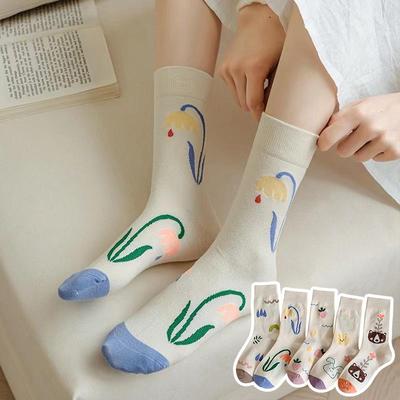 Cute Cartoon Print Women Cotton Socks Spring Autumn Soft Sweet Floral Middle Tube Sock JK Korean Harajuku Girls Socks Sokken
