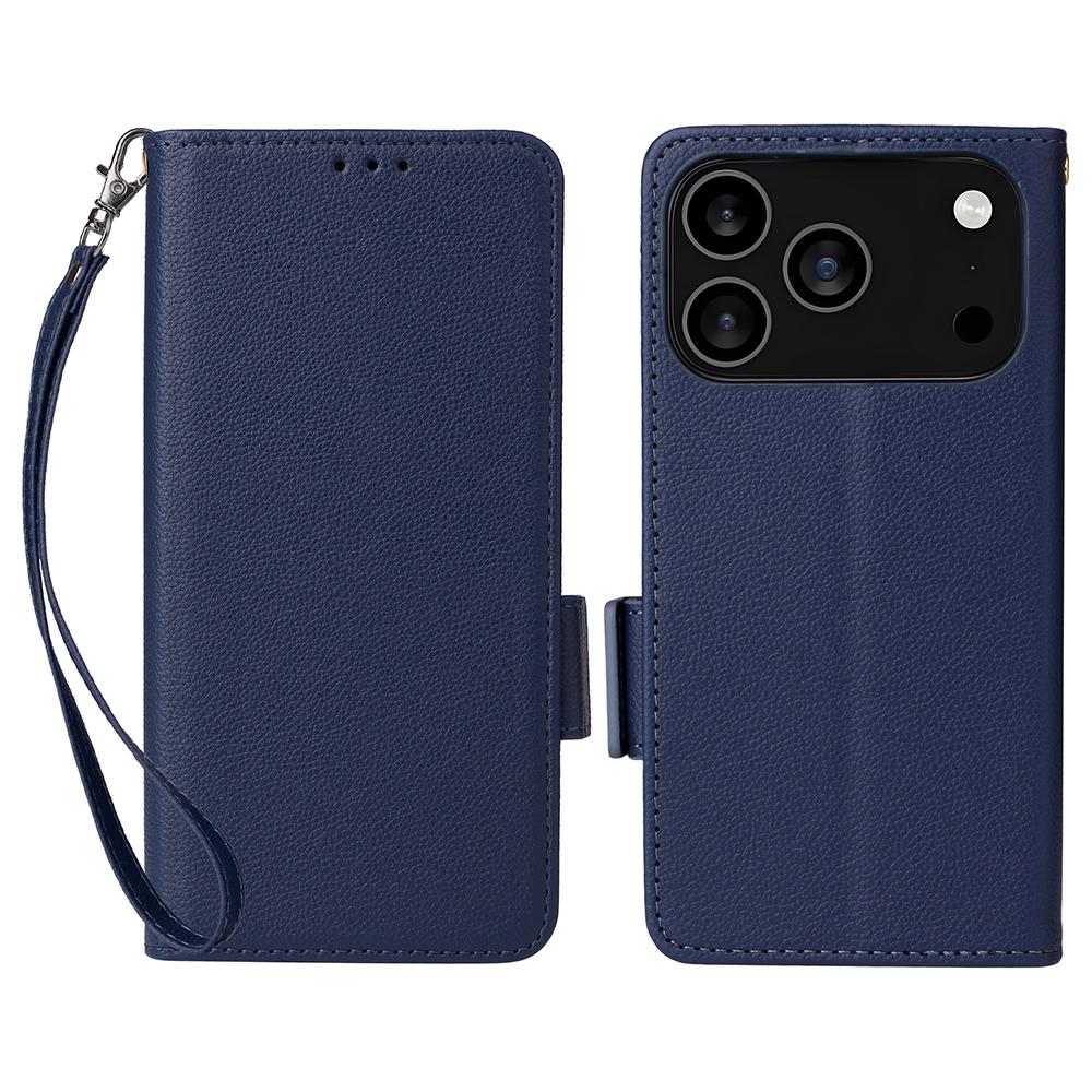 For iPhone 17 Pro Case with Wrist Strap Litchi Texture PU Leather Wallet Phone Cover