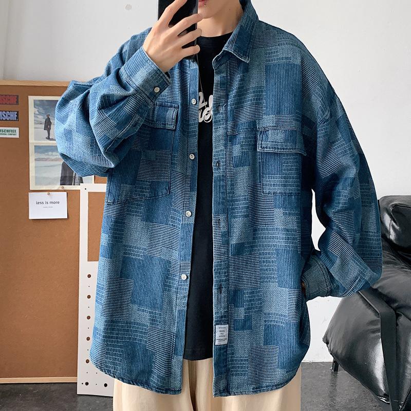 

Комбинезон из денима в стиле Гонконга, рубашка в стиле Харадзюку для мужчин, тонкая японская модная брендовая свободная рубашка с длинными рукавами, повседневная 3XL синий