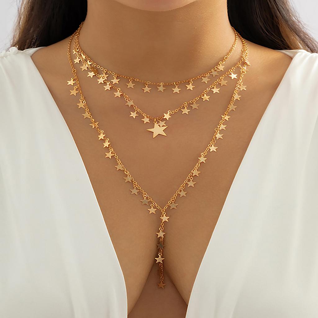 VIVILADY Multilayer Y Shape Geometry Tassel Star Sequins Clavicle Chain Necklace Alloy Female Sexy Fashion Party Gift