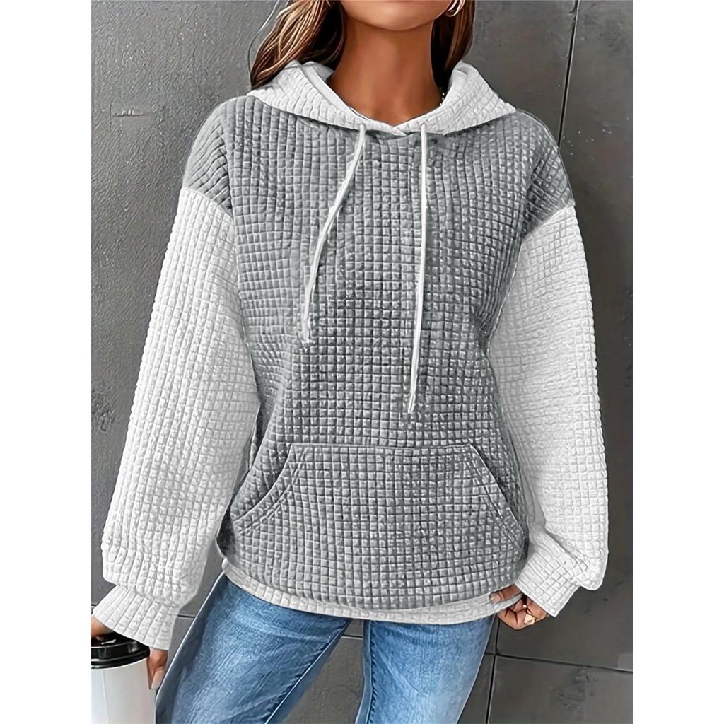 Fall Winter Women's Plus Size Color Block Pullover Hoodie, Casual Fashion Hooded Sweatshirt for Crossborder Europe America