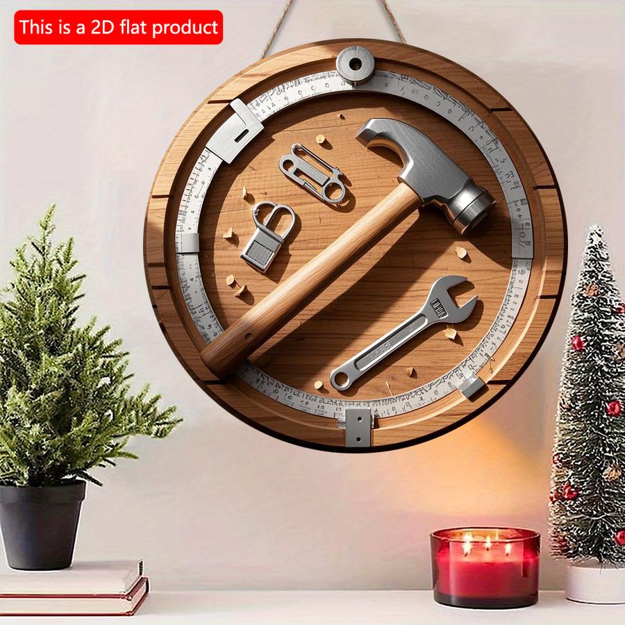 2D Flat 20cm 1pc Dad Father's Day Labor Style Round Wooden Wall Hanging Decor Present, Hammer Wrench Round Ruler and Lock Pattern Wooden Pendant