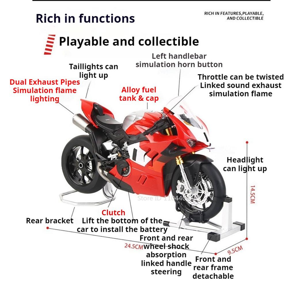 1:9 V4R 1299 Alloy Motorcycle Diecast Car Toys Model Front Wheel Steering Shock Absorption Function Miniature Motorbick Boy Gift