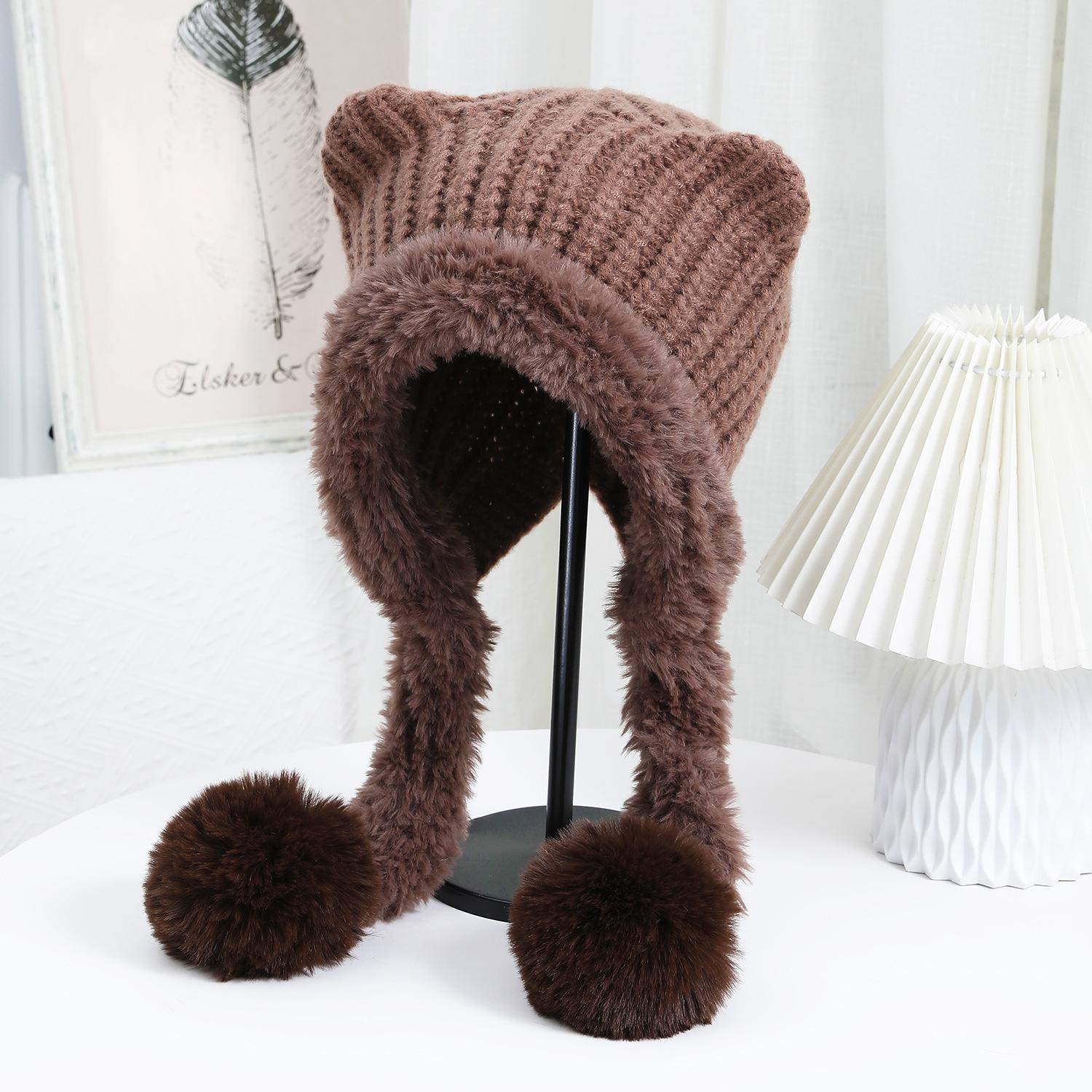 

Новая осенне-зимняя шапка с кошачьими ушками, двойным хвостом и из двух шерстяных вязаных элементов, является ветрозащитной, защищающей уши, теплой, модной, универсальной и милой шерстяной шапкой. one size