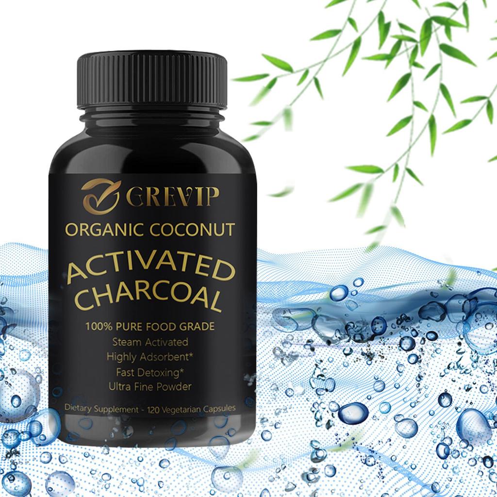 Organic coconut charcoal capsules, coconut shell charcoal, nutritional supplement, all-natural, suitable for adults.