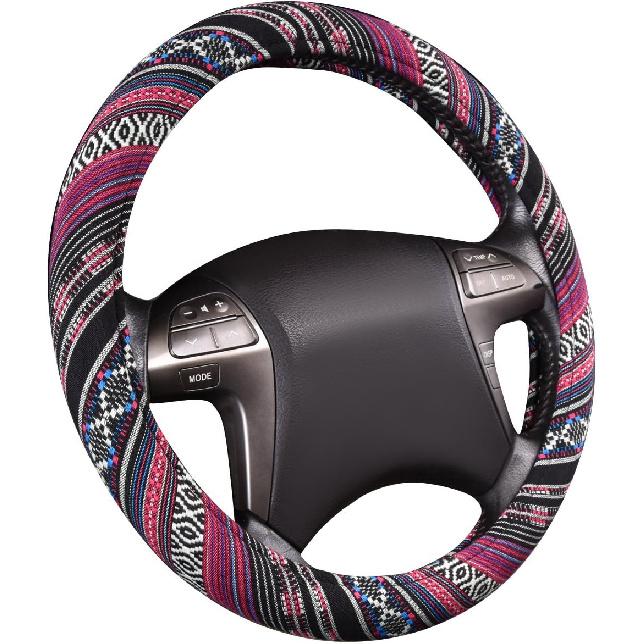 CAR PASS Boho Steering Wheel Cover, Ethnic Flax Cloth Universal Steering Wheel Cover,Anti-Slip Design, Fit 14.5-15 inches for Vehicles,Cars,SUV,Vans