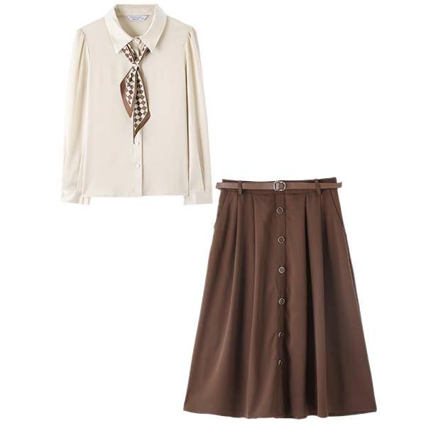 2026 Spring New Arrival: Women's French Elegant Skirt & Tie-Neck Shirt Two-Piece Set