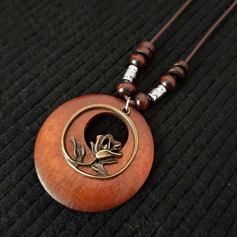 Retro Cotton and Linen Accessories Ethnic Style Wooden Long Women's Sweater Chain Alloy Leaf Necklace