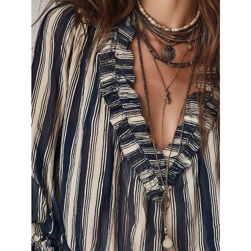 TIFICY Blusas e camisas femininas casuais primavera outono com estampa listrada e manga comprida e decote em V