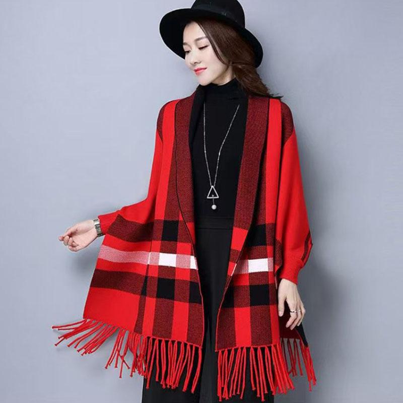 Dámský ležérní dámský svetr s dlouhým rukávem, dámská šála, oboustranná pelerína, kostkovaný pletený zateplený teplý kardigan