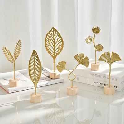 Gold Grey Iron Art Leaves Figurine Metal Ironwork Artistic Piece Decorative Handicraft Wood Base Modern Desktop Ornament