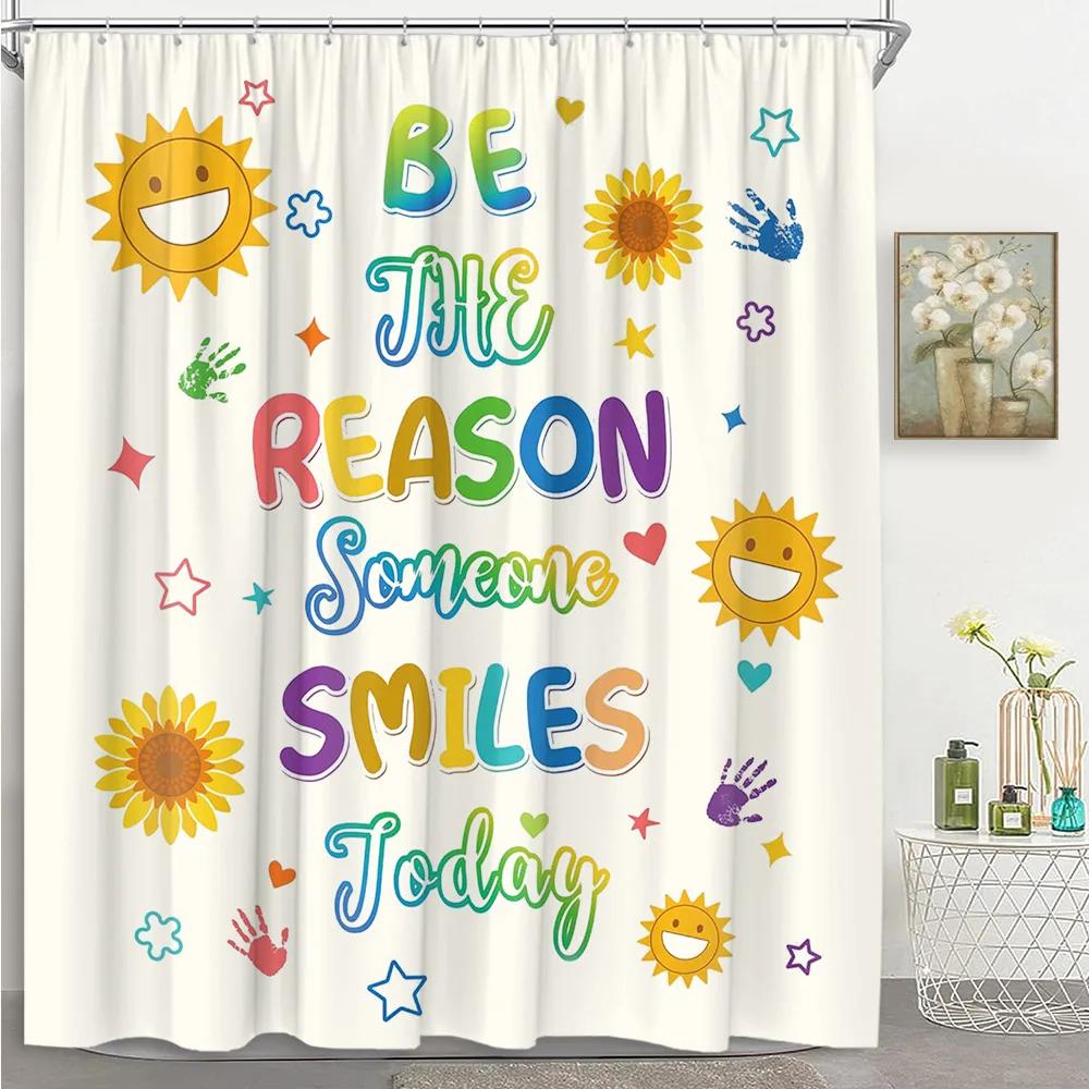 Kids Rainbow Shower Curtain Cartoon Cute Stars Clouds Love Inspirational Quotes Flower Boy Girl Polyester Bathroom Decor Curtain