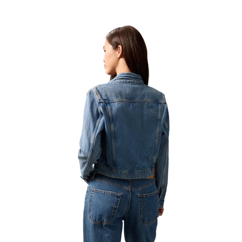 Calvin Klein Vintage Style Double Pocket Cotton Short Denim Jacket Women Jackets Light-Blue J224542