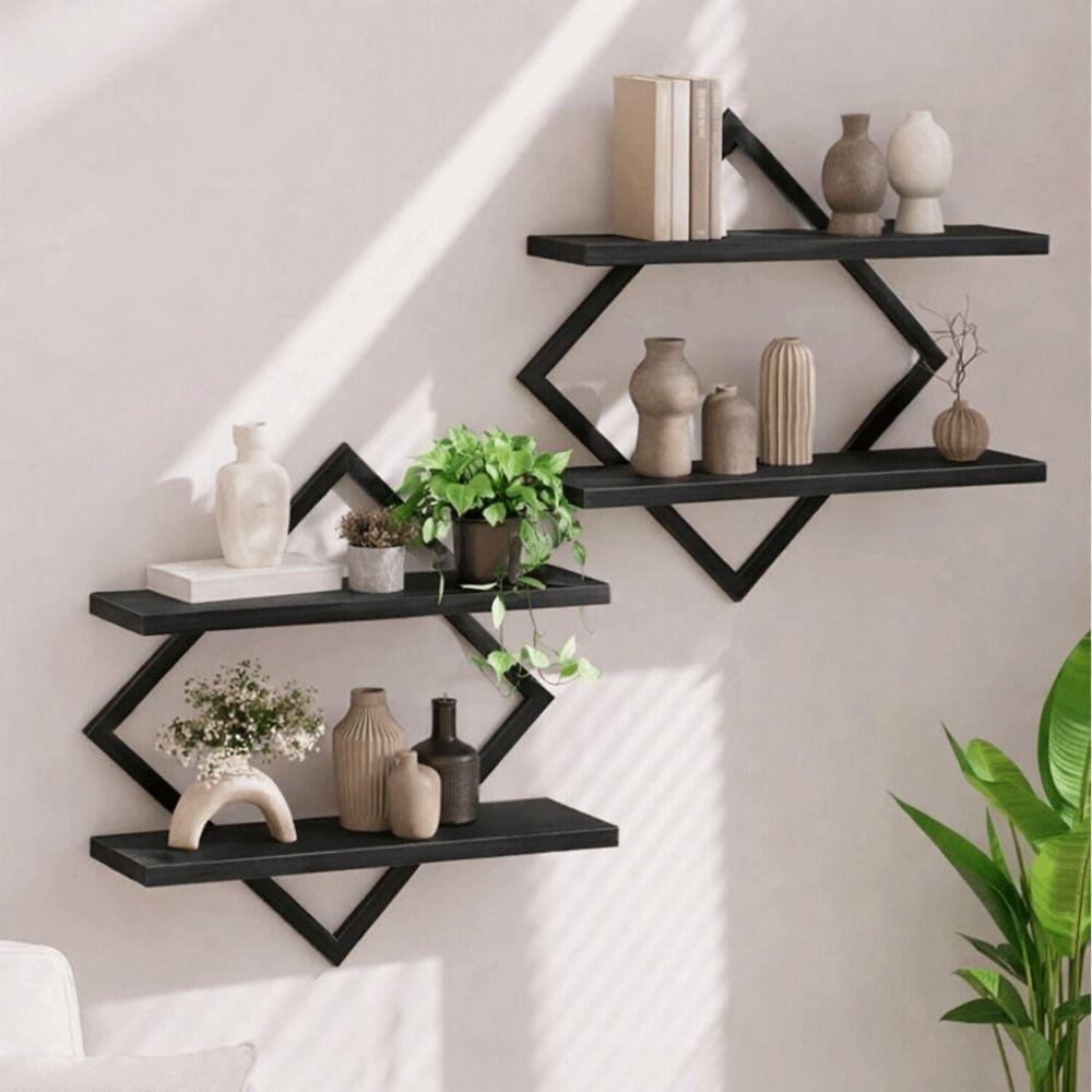 2PCS Organizer 2-Tier Wood Floating Shelves Space Saving Wall Mounted Storage Rack Decorative Display Shelves Office