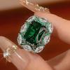 Womens Fashion Jewelry Set With Green Gemstone Zircon Accents Necklace Earrings Ring In Geometric Square Design