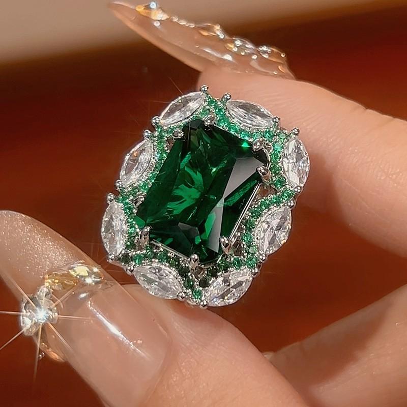 Womens Fashion Jewelry Set With Green Gemstone Zircon Accents Necklace Earrings Ring In Geometric Square Design