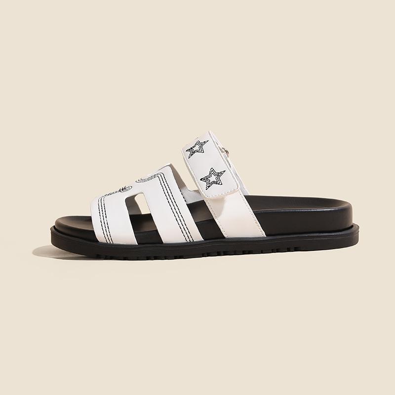 Su Yinyin's Second Uncle Slippers of the Same Style, Women Wear Ugly and Cute Leather H Slippers, Five-pointed Star Velcro One-word Drag Women