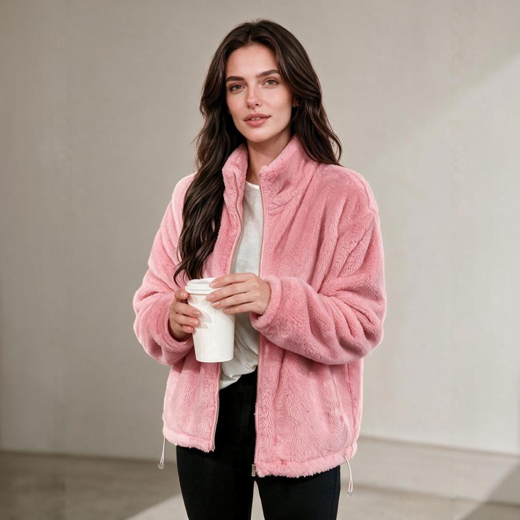 Women's Color Stand Collar Double-Sided Plush Jacket with Hem