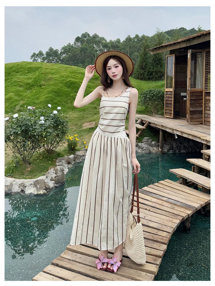 Women's Slim Fit A-line Summer Dress - French Stripe, Contrasting Colors, Elegant Waist Cinched Design