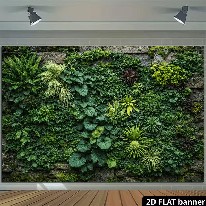 2D Lush Green Plant Banner, Moss Stone Wall Jungle Party Photo Booth Background
