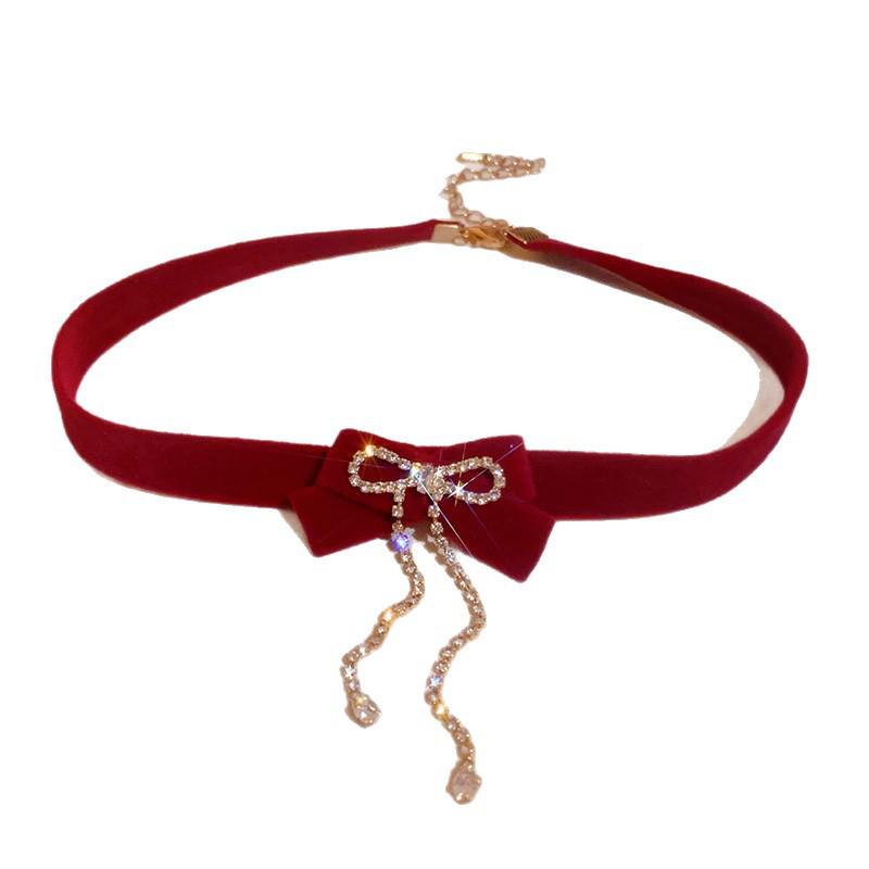 New Year Flocking Bow Tassel Pearl & Rhinestone Necklace – Elegant Clavicle Chain Design