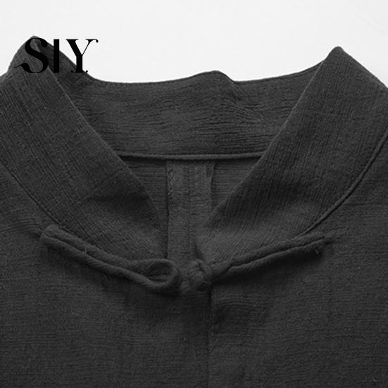 Long Sleeve Pockets Shirt Men Autumn Chinese Style Top Mandarin Collar Disc Solid Color Stand-up Button Traditional Kung Fu Tai Chi Tang Tops Uniform