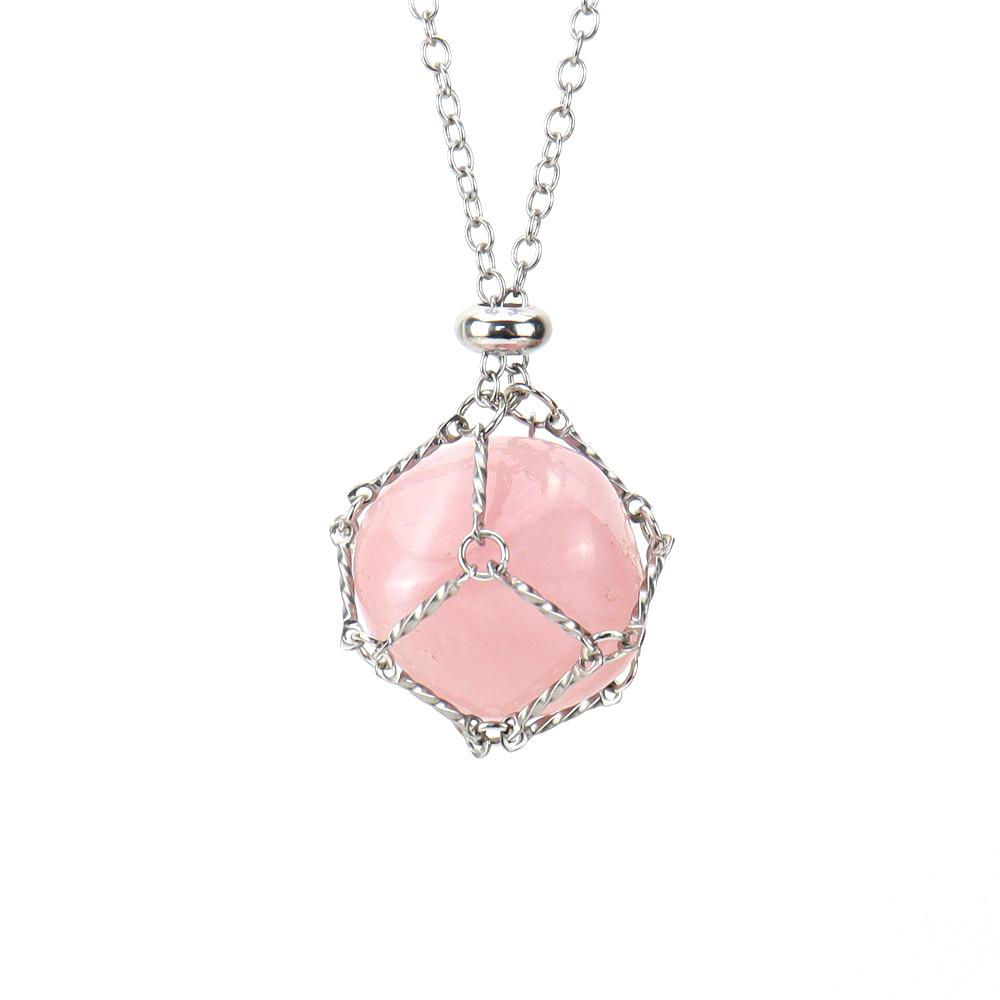 Stainless Steel Metal Bamboo Braided Mesh Prison Cage Pendant Natural Crystal Rough Stone Necklace Adjustable N700