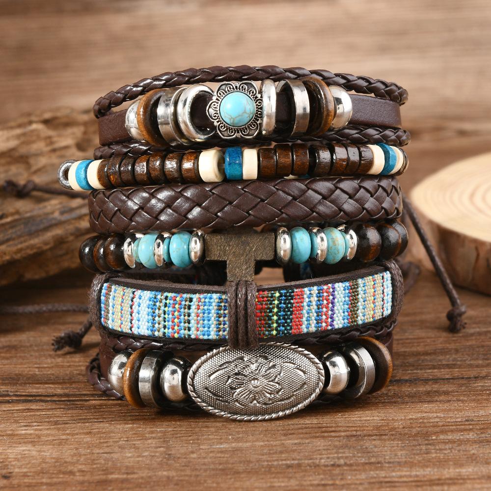 Трансграничный новый продукт ретро бирюзовый многослойный браслет из бусин богемный женский модный многослойный браслет с бабочкой DIY Leather bracelet