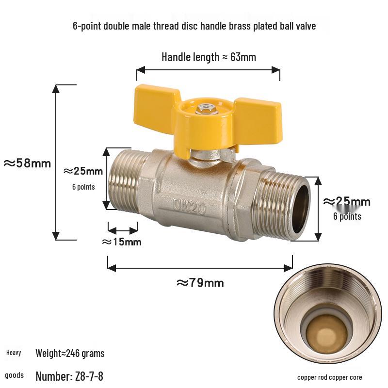 Brass Ball Valve with Copper Core: Male/Female, Double Female, 1/2", 3/4", 1" Sizes, for Water and Gas Pipes.