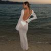 Fashion Style Pure See-through Sexy Vacation Bikini Blouse Bare Back Solid Color Long Sleeves Knitting Maxi Dress