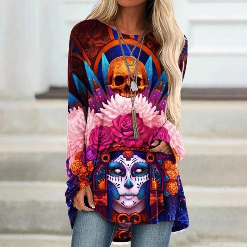 Round Neck 3D Printed Top Fashionable Casual Retro Long Sleeved Women's T-shirts