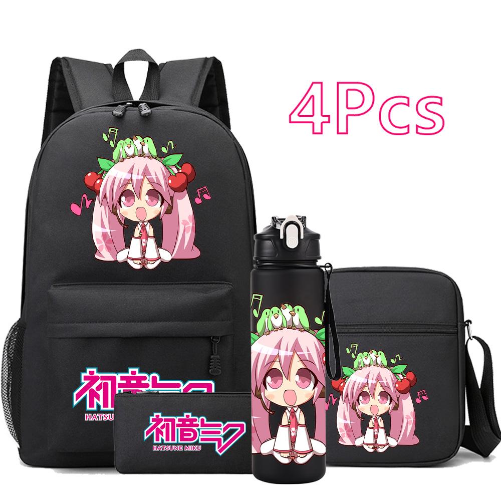 4Pcs/set Anime Hatsune Miku Printed Backpack Bookbag Shoulder Bag Case Bag with 750Ml Water Bottler for Boy Girl Large Capacity Waterproof Schoolbag