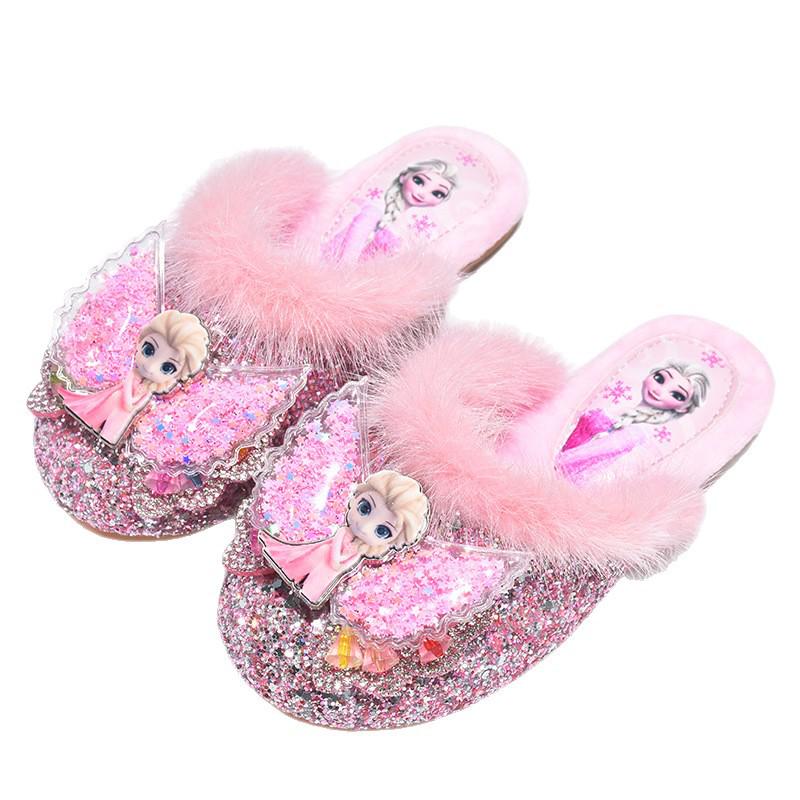 Elsa Winter Plüsch Prinzessin Baumwoll Hausschuhe für Mädchen – Rutschfest, Geschlossene Zehen, Warme Komfortschuhe