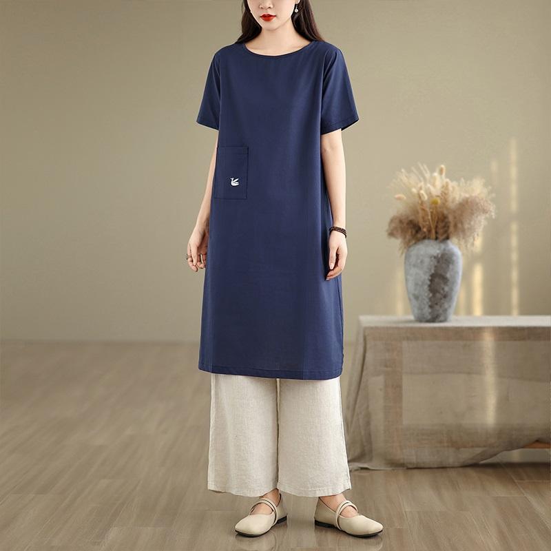 Short Sleeve Plus Size Cotton Vintage Embroidery New In Dresses for Women Casual Loose Midi Summer Dress