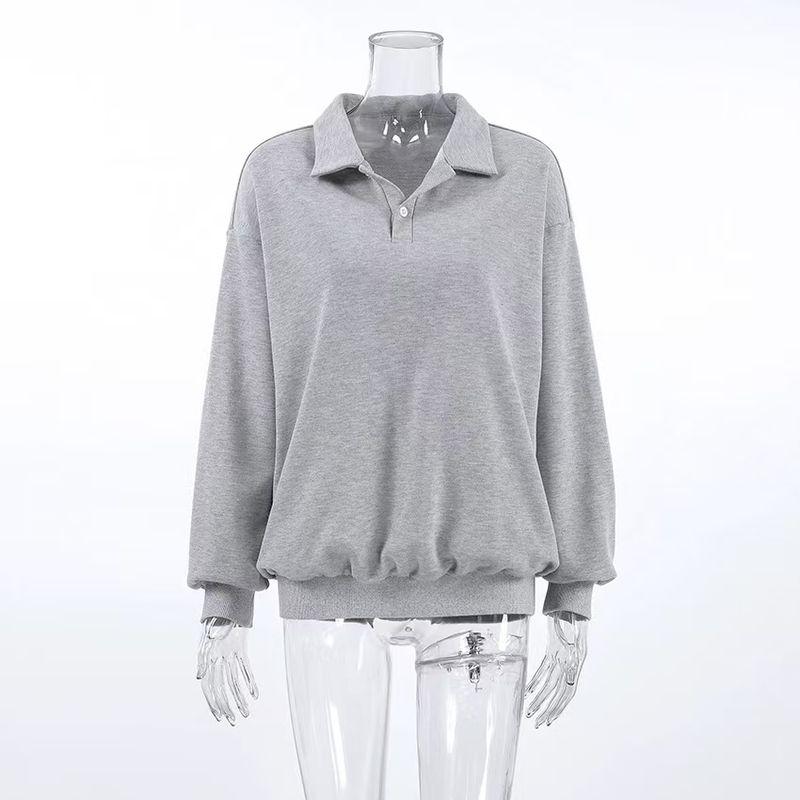 

Fashion Loose-Fitting Casual Pullover Polo Collar Design Blouse Solid Color Loose Casual Top Gray S