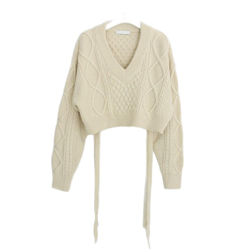 Retro V-Neck Knit Sweater with Back Tie – Stylish Autumn/Winter Women's Fashion