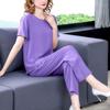 Summer Cotton Silk Women's Loose Two-Piece Set: Solid Color Short Sleeve Top and Long Pants, Plus Size Casual Wear.