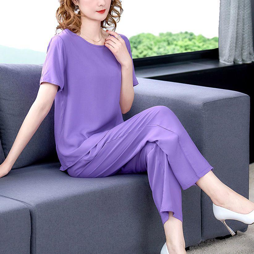 Summer Cotton Silk Women's Loose Two-Piece Set: Solid Color Short Sleeve Top and Long Pants, Plus Size Casual Wear.