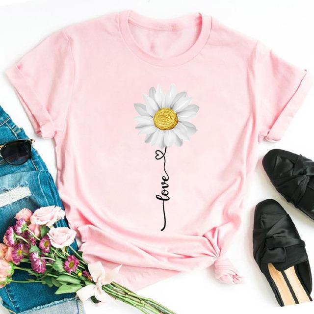New Fashion Women Black T Shirt Friends Gift Flower Love Print Cute Tee Shirt Female Harajuku Tops Woman Short Sleeve T -Shirts