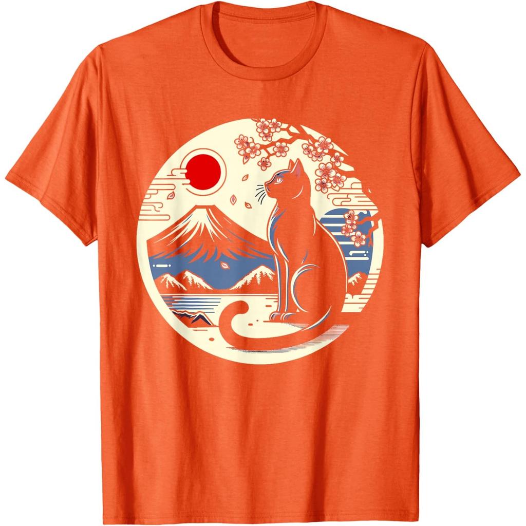Black Cat Japanese Mount Fuji Graphic T-Shirt Breathable Cotton Retro Style Tee for Men
