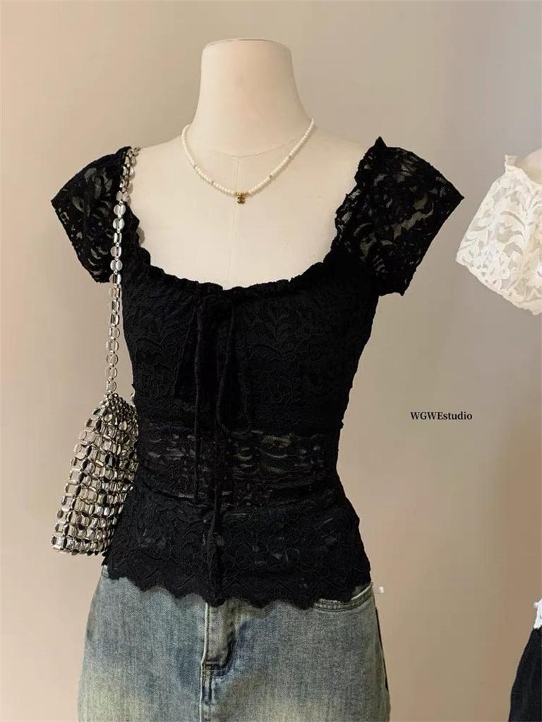 Pure Desire Hottie Sexy One-word Shoulder Lace Short-sleeved T-shirt Women's Summer Tight Short Thin Temperament Unique Top
