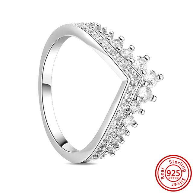 Authentic 100% 925 Sterling Silver Princess Regal Crown Heart Sparkling Zircon Luxury Circle Rings Women Wedding Jewelry