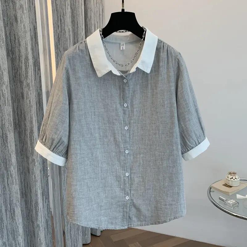 Blouses Shirt for Women Summer Cotton Short Sleeve Retro Casual Loose Blouse Coat Top