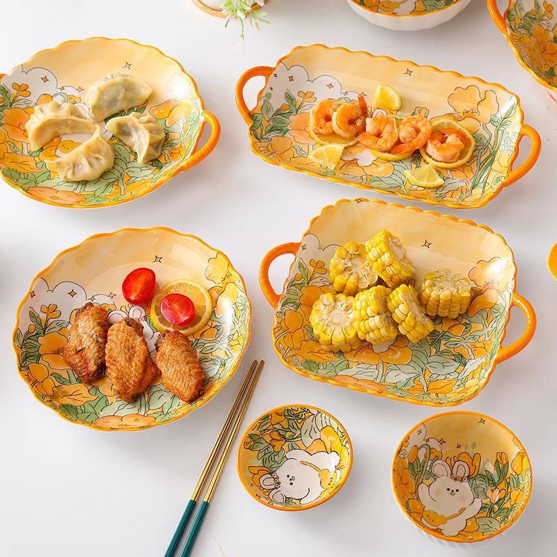 Creative Cartoon Flower Rabbit Ceramic Dishes Tableware Set Housewarming Household Salad Binaural Dishes Dish Combination